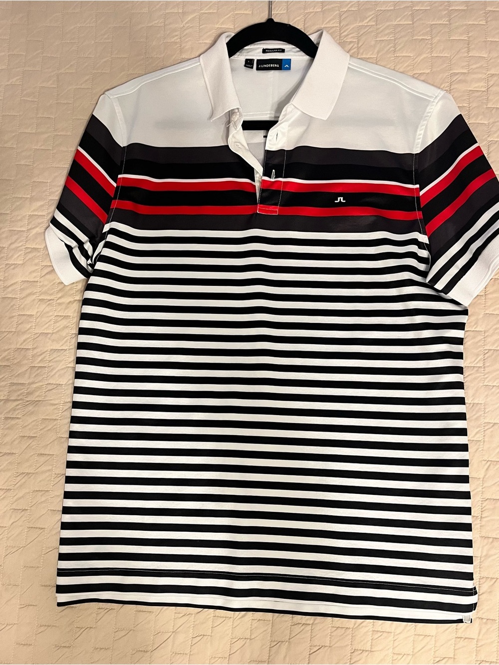 J.Lindeberg White Black and Red Striped Polo-L
